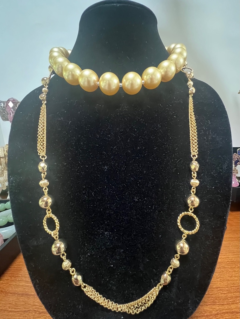 Vintage Gold Faux Pearl Choker and Gold Chain Pendant Necklace